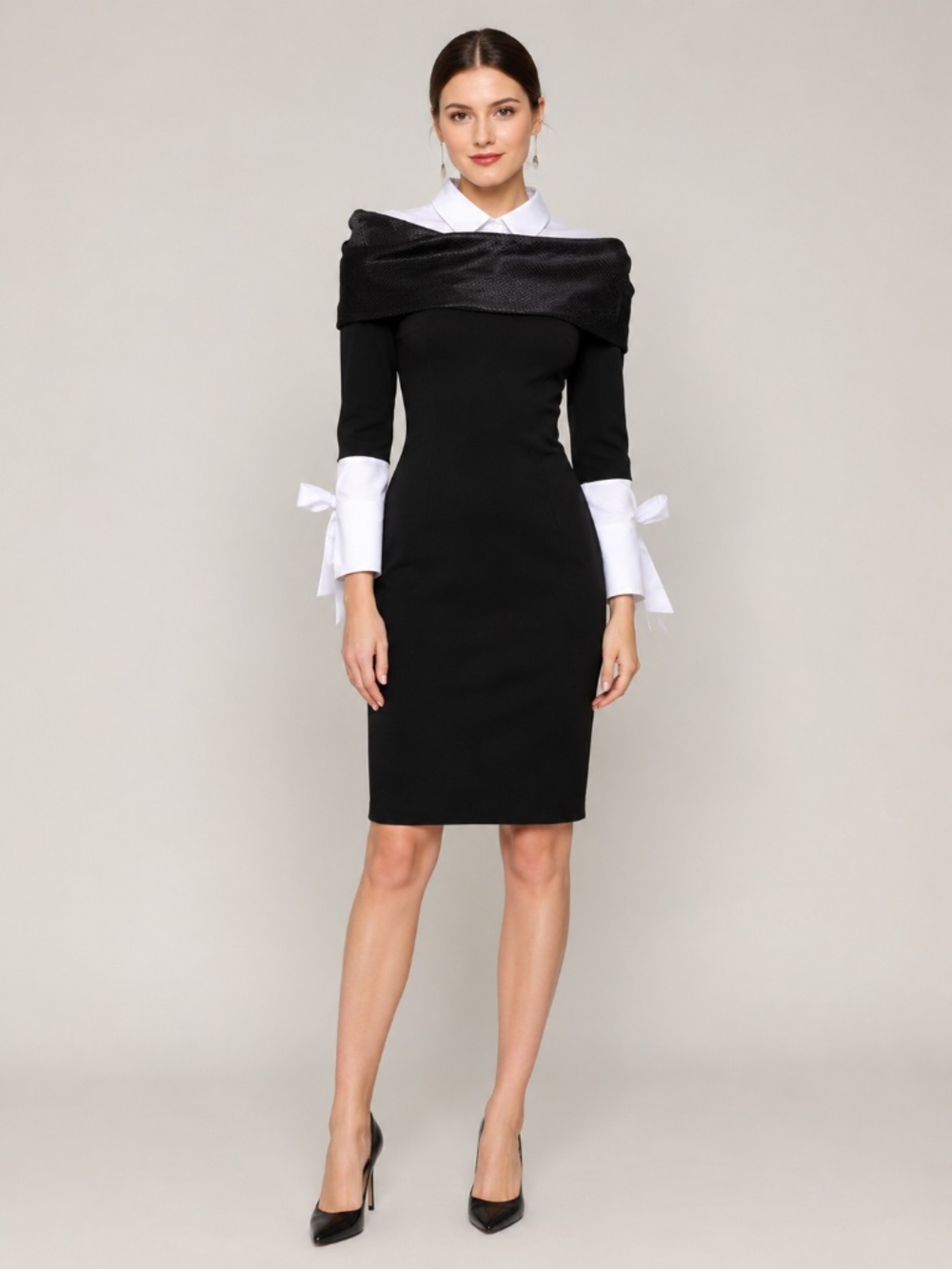 Vicky & Lucas - Off Shoulder Dress w/ Built-in White Shirt Collar & Sleeves SzL